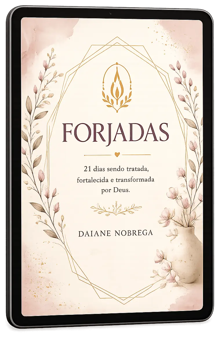 Capa do devocional Forjadas, de Daiane Nóbrega, exibida em um tablet